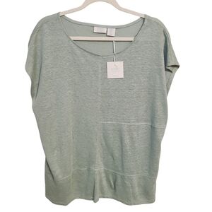 Sigrid Olsen | Women's Light Green Linen Short Sleeve Blouse (Size XL)